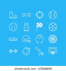 Vector Illustration Of 16 Athletic Icons. Editable Pack Of Gumshoes, Helmet, T-Shirt And Other Elements.