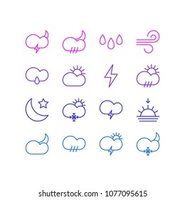 Vector illustration of 16 atmosphere icons line style. Editable set of crescent, snow, rain and other icon elements.