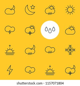 Vector illustration of 16 atmosphere icons line style. Editable set of sunrise, crescent, raindrop and other icon elements.