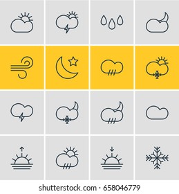 Vector Illustration Of 16 Atmosphere Icons. Editable Pack Of Cloud, Crescent, Fulminant And Other Elements.