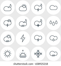 Vector Illustration Of 16 Atmosphere Icons. Editable Pack Of Cloud, Lightning, Drip And Other Elements.