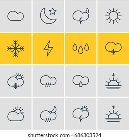 Vector Illustration Of 16 Atmosphere Icons. Editable Pack Of Sun, Cloud, Crescent And Other Elements.
