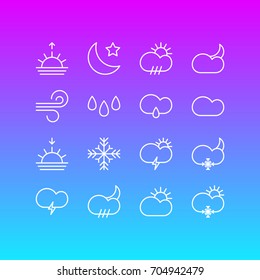 Vector Illustration Of 16 Atmosphere Icons. Editable Pack Of Drizzles, Snowflake, Moon Month And Other Elements.