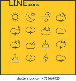 Vector Illustration Of 16 Atmosphere Icons. Editable Pack Of Crescent, Windstorm, Rain And Other Elements.