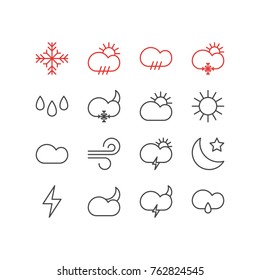 Vector Illustration Of 16 Atmosphere Outline Icons. Editable Set Of Windstorm, Rain, Snow And Other Elements.