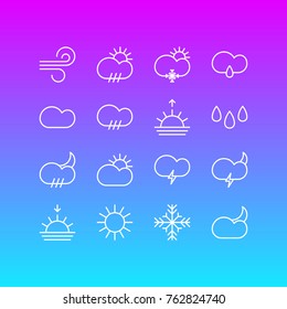 Vector Illustration Of 16 Atmosphere Outline Icons. Editable Set Of Sunlight, Sunrise, Rain And Other Elements.