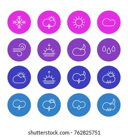 Vector Illustration Of 16 Atmosphere Outline Icons. Editable Set Of Fulminant, Sunset, Cloud And Other Elements.