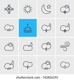 Vector Illustration Of 16 Atmosphere Outline Icons. Editable Set Of Sunlight, Windstorm, Snowflake And Other Elements.