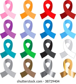 Vector Illustration of 16 awareness ribbons in several colors. Each ribbon represents different diseases, violence, discrimination or other issues.