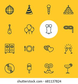 Vector Illustration Of 16 Banquet Icons. Editable Pack Of Jingle, Masquerade, Decoration And Other Elements.