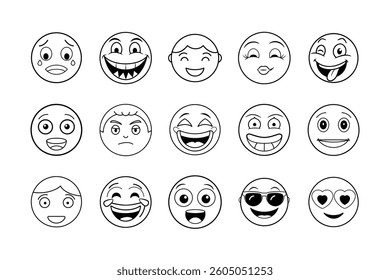 Vector illustration of 16 black and white emoji faces with various expressions, perfect for stickers, coloring pages, and digital designs.