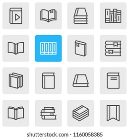 Vector illustration of 16 book icons line style. Editable set of publication, learning, bookmark and other icon elements.