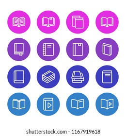 Vector illustration of 16 book icons line style. Editable set of spiral book, notepad, read and other icon elements.