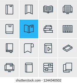 Vector illustration of 16 book icons line style. Editable set of study, dictionary, textbook and other icon elements.