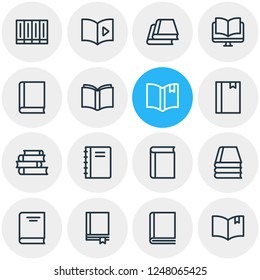 Vector illustration of 16 book icons line style. Editable set of ebook, publication, textbook and other icon elements.