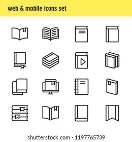 Vector illustration of 16 book reading icons line style. Editable set of textbook, bookshelf, bookstore and other icon elements.