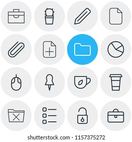Vector illustration of 16 bureau icons line style. Editable set of computer mouse, unlock, cappuccino and other icon elements.