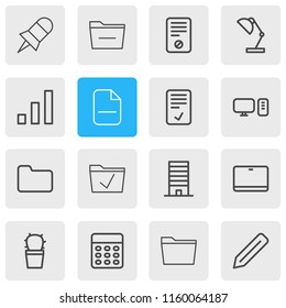 Vector illustration of 16 bureau icons line style. Editable set of pin, directory, calculator and other icon elements.