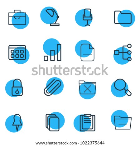 Vector illustration of 16 bureau icons line style. Editable set of search, file board, pushpin and other icon elements.