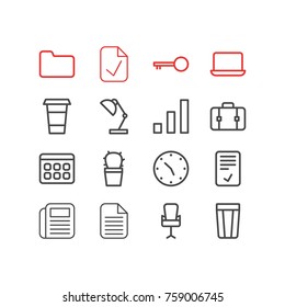 Vector Illustration Of 16 Bureau Outline Icons. Editable Set Of Coffee, Journal, Folder And Other Elements.