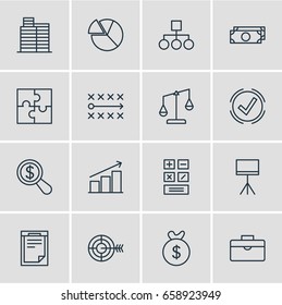 Vector Illustration Of 16 Business Icons. Editable Pack Of Board Stand, Magnifier, Solution Elements.