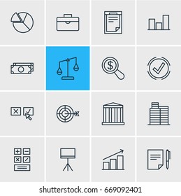 Vector Illustration Of 16 Business Icons. Editable Pack Of Portfolio, Goal, Building And Other Elements.
