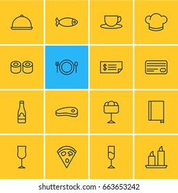 Vector Illustration Of 16 Cafe Icons. Editable Pack Of Hat, Pepperoni, Card And Other Elements.