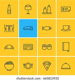 Vector Illustration Of 16 Cafe Icons. Editable Pack Of Tea, Bowl, Seafood And Other Elements.
