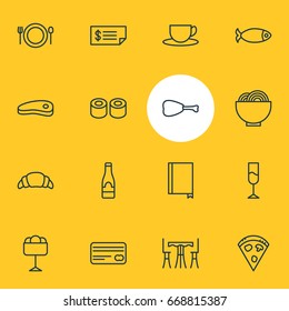 Vector Illustration Of 16 Cafe Icons. Editable Pack Of Wine, Dessert, Pepperoni And Other Elements.