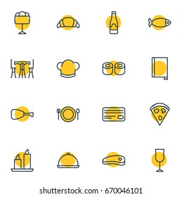 Vector Illustration Of 16 Cafe Icons. Editable Pack Of Hat, Seafood, Bacon And Other Elements.