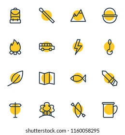 Vector illustration of 16 camp icons line style. Editable set of fishing, map, basket and other icon elements.