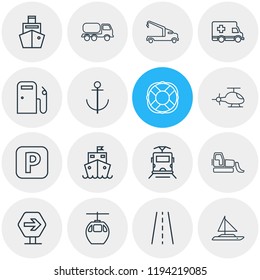 Vector illustration of 16 carrying icons line style. Editable set of helicopter, gas station, tank truck and other icon elements.