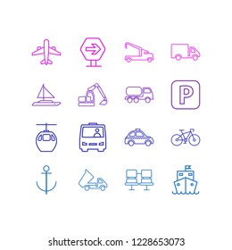 Vector illustration of 16 carrying icons line style. Editable set of digger, cruise ship, dump truck and other icon elements.