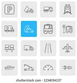 Vector illustration of 16 carrying icons line style. Editable set of subway train, shuttle, bus station and other icon elements.