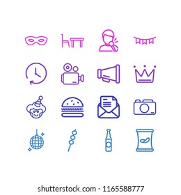 Vector illustration of 16 celebrate icons line style. Editable set of paper garland, clown cap, bullhorn icon elements.
