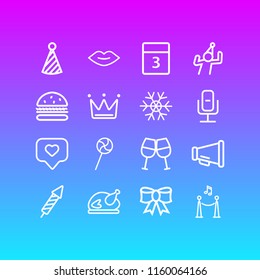 Vector illustration of 16 celebration icons line style. Editable set of cheer, bullhorn, turkey and other icon elements.