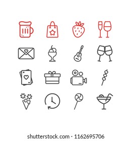 Vector illustration of 16 celebration icons line style. Editable set of beer mug, playing card, love letter and other icon elements.