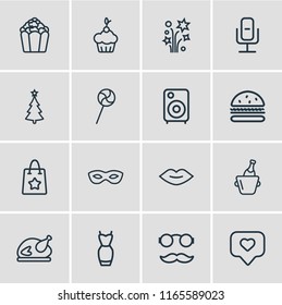 Vector illustration of 16 celebration icons line style. Editable set of gift bag, burger, christmas tree and other icon elements.