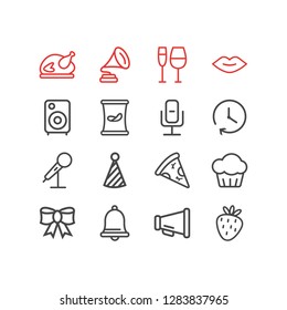 Vector illustration of 16 celebration icons line style. Editable set of piece of pizza, clown cap, mic and other icon elements.