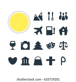 Vector Illustration Of 16 Check-In Icons. Editable Pack Of University, Cafe , Landscape Elements.