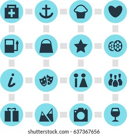Vector Illustration Of 16 Check-In Icons. Editable Pack Of Masks, Drugstore, Heart And Other Elements.