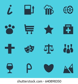 Vector Illustration Of 16 Check-In Icons. Editable Pack Of Wineglass, Drugstore, Bookmark And Other Elements.
