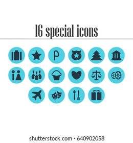 Vector Illustration Of 16 Check-In Icons. Editable Pack Of Cafe, Aircraft, Bookmark And Other Elements.