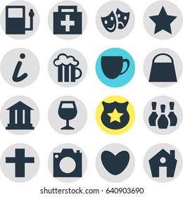 Vector Illustration Of 16 Check-In Icons. Editable Pack Of Masks, Wineglass, Photo Device And Other Elements.