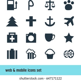 Vector Illustration Of 16 Check-In Icons. Editable Pack Of Cross, Bookmark, Beer Mug And Other Elements.
