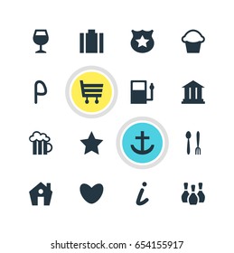 Vector Illustration Of 16 Check-In Icons. Editable Pack Of Home, Car Park, Skittles And Other Elements.