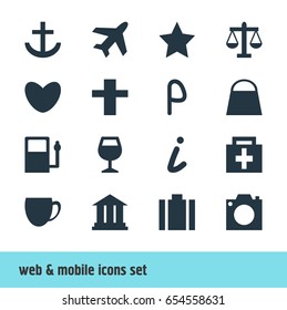 Vector Illustration Of 16 Check-In Icons. Editable Pack Of Anchor, Coffee Shop, Wineglass And Other Elements.