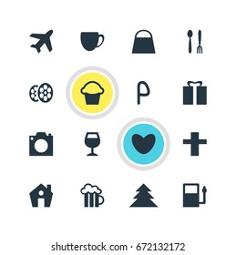 Vector Illustration Of 16 Check-In Icons. Editable Pack Of Handbag, Coffee Shop, Heart Elements.