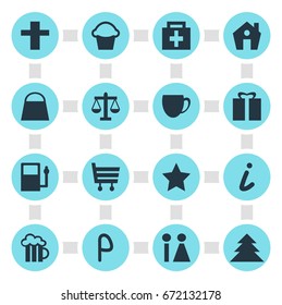 Vector Illustration Of 16 Check-In Icons. Editable Pack Of Present, Shopping Cart, Bookmark And Other Elements.