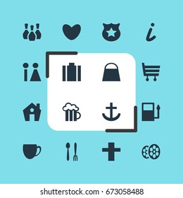 Vector Illustration Of 16 Check-In Icons. Editable Pack Of Heart, Coffee Shop, Cross And Other Elements.